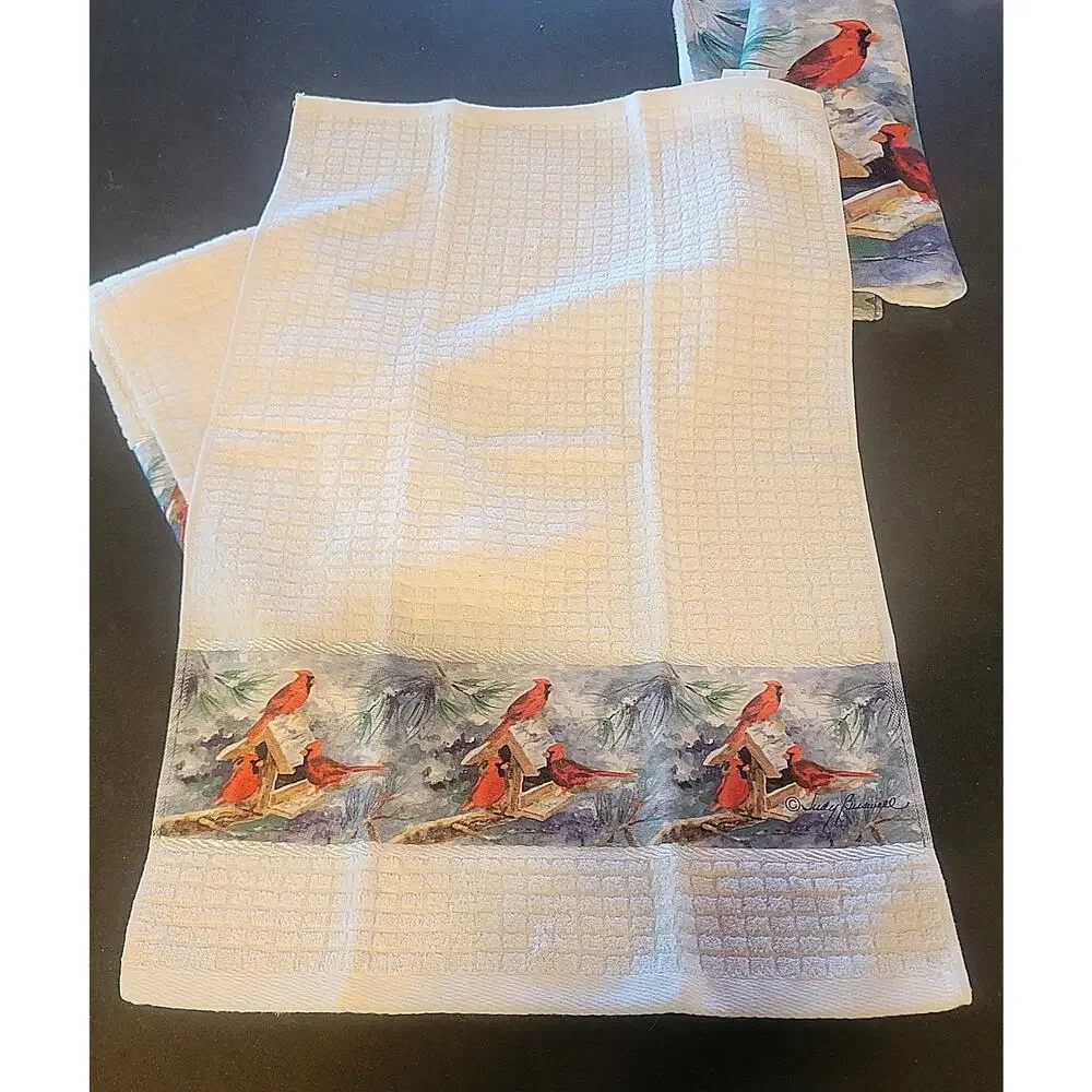 RARE Lot 4 Judy Buswell Print Red Cardinal Bird Waffle Weave Kitchen Hand Towels